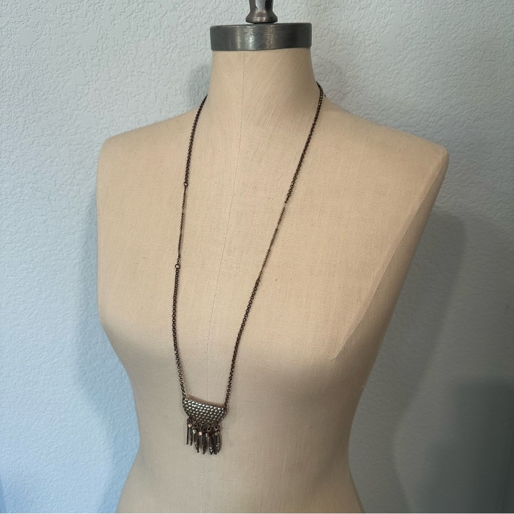 LOFT Antiqued Bronze Hammered Shield Fringe Long Necklace - Boho Chic